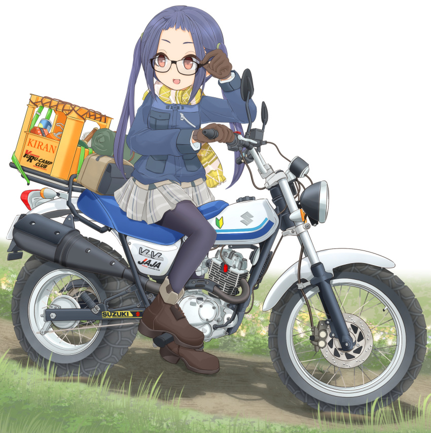 1girl adjusting_eyewear ankle_boots black-framed_eyewear black_legwear blue_hair boots brown_footwear brown_gloves commentary_request fringe_trim glasses gloves grass grey_skirt ground_vehicle hair_tie highres logo long_hair mikeran_(mikelan) miniskirt motor_vehicle motorcycle oogaki_chiaki open_mouth pantyhose partial_commentary plaid plaid_skirt pleated_skirt print_scarf red_eyes riding scarf shadow shoshinsha_mark sidelocks sitting skirt smile solo suzuki suzuki_rv125 twintails white_background yellow_scarf yurucamp