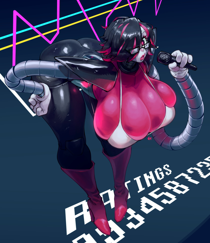 5_fingers android big_breasts breasts cleavage clothed clothing crossgender eigaka eyewear female glasses hair hair_over_eye hi_res huge_breasts humanoid lipstick machine makeup mettaton mettaton_ex microphone not_furry robot short_hair solo text undertale video_games