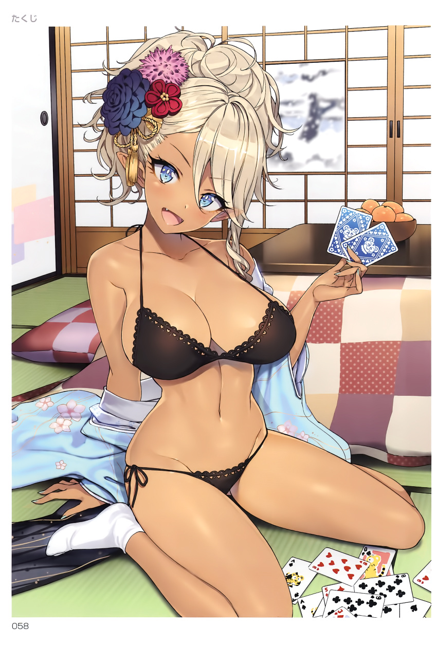 1girl :d absurdres artist_name black_bra black_panties blue_eyes bra breasts bright_pupils card cleavage dark_skin elf fang flower hair_flower hair_ornament hair_up halterneck highres indoors large_breasts light_brown_hair nail_polish navel off_shoulder ootomo_takuji open_clothes open_mouth original page_number panties playing_card pointy_ears scan side-tie_panties sitting smile solo tabi tatami toranoana tsurime underwear white_pupils