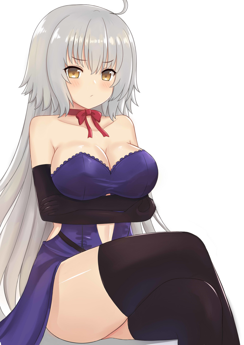 1girl absurdres ahoge bangs bare_shoulders black_gloves black_legwear blue_dress blush breasts brown_eyes cleavage closed_mouth collarbone commentary_request crossed_arms crossed_legs dress eyebrows_visible_through_hair fate/grand_order fate_(series) gloves hank_(spider921) highres jeanne_d'arc_(alter)_(fate) jeanne_d'arc_(fate)_(all) large_breasts long_hair looking_at_viewer navel_cutout neck_ribbon red_neckwear red_ribbon ribbon silver_hair sitting solo straight_hair strapless strapless_dress thighhighs v-shaped_eyebrows very_long_hair