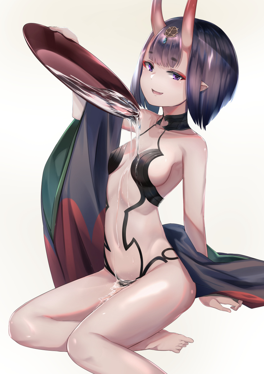 1girl :d absurdres alcohol aritsuno bare_legs bare_shoulders barefoot breasts collarbone cup detached_sleeves eyeshadow fang fate/grand_order fate_(series) groin hair_ornament hand_up highres holding looking_at_viewer makeup navel oni_horns open_mouth pointy_ears pouring pouring_onto_self purple_eyes purple_hair revealing_clothes sakazuki sake short_hair shuten_douji_(fate/grand_order) sidelocks sitting small_breasts smile solo stomach thick_eyebrows thighs wide_sleeves yokozuwari
