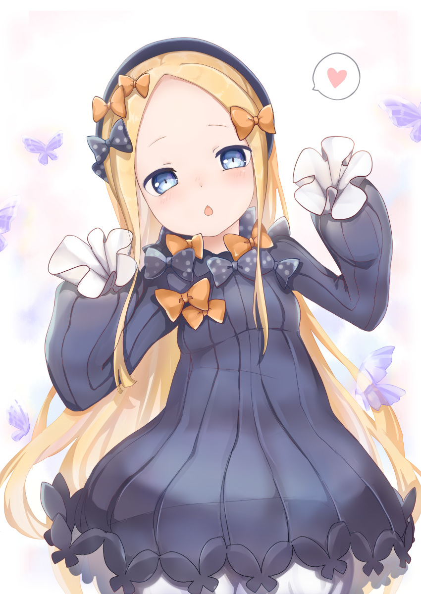 1girl abigail_williams_(fate/grand_order) absurdres bangs black_bow black_dress black_headwear blonde_hair bloomers blue_eyes blush bow bug butterfly chestnut_mouth commentary_request dress fate/grand_order fate_(series) forehead hair_bow hands_up hat heart highres huge_filesize insect kiri_sakura leaning_to_the_side long_hair long_sleeves looking_at_viewer object_hug orange_bow parted_bangs parted_lips polka_dot polka_dot_bow sleeves_past_fingers sleeves_past_wrists solo spoken_heart underwear very_long_hair white_bloomers