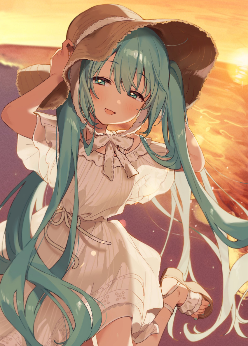 1girl :d blush bow bowtie brown_hat brown_sandals cowboy_shot dress green_eyes green_hair hand_on_headwear hashtag-only_commentary hat hatsune_miku highres long_hair looking_at_viewer open_mouth outdoors sandals short_sleeves smile solo sun_hat sundress sunset twintails uminokaisen vocaloid white_bow white_bowtie white_dress