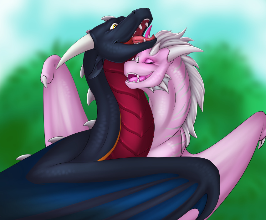 bunsen dragon duo eyes_closed happy hi_res horn mane open_mouth scalie staffkira2891 teeth tongue western_dragon wings