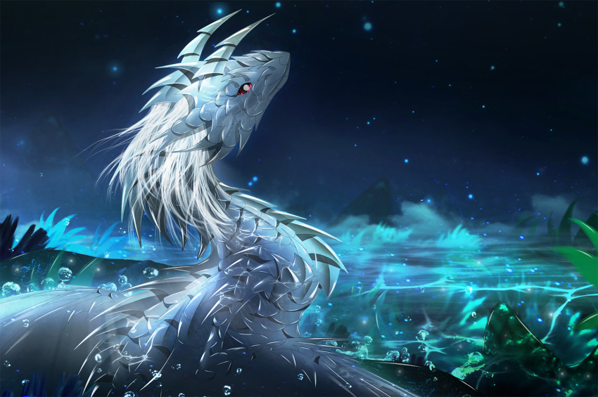 2019 ambiguous_gender detailed_background digital_media_(artwork) dragon feral hair hi_res night outside red_eyes scales solo telleryspyro white_hair white_scales wyvern