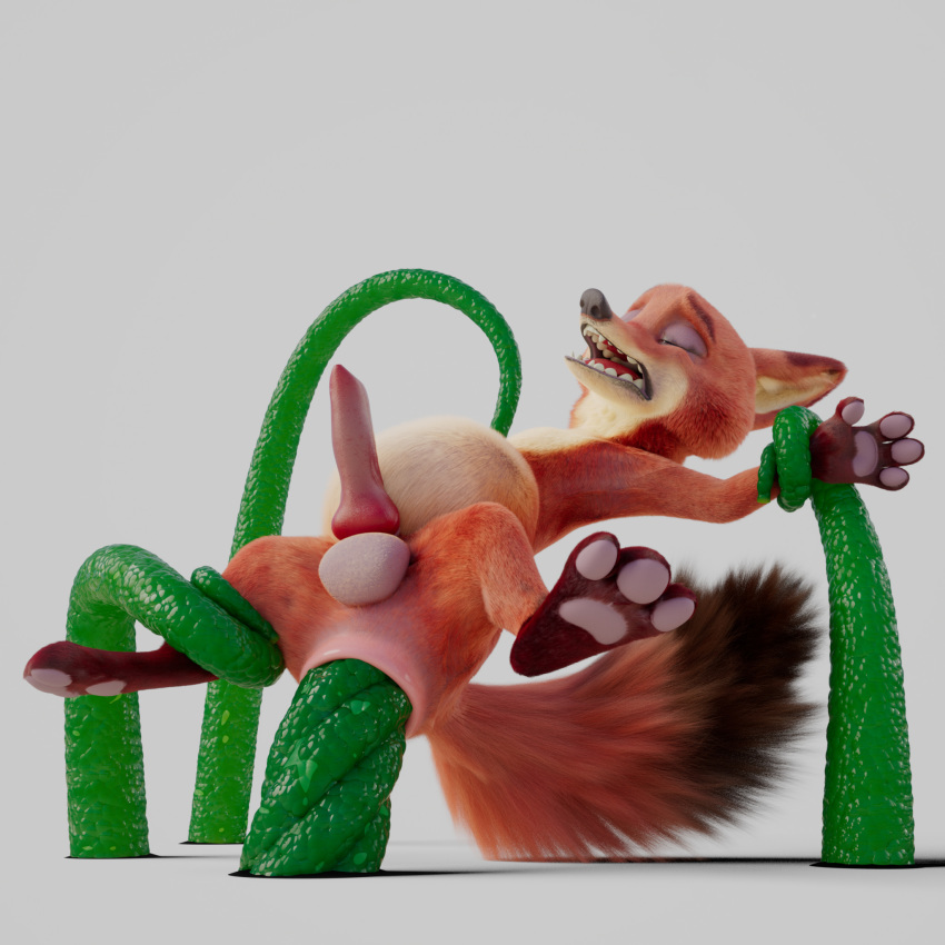 1:1 3d_(artwork) abdominal_bulge anal anal_penetration anal_tugging animal_genitalia animal_penis balls canid canine canine_penis digital_media_(artwork) disney forced fox hi_res inflation large_penetration male male/male mammal nick_wilde pawpads paws penetration penis prolapse restrained scimunk spreading suspension tentacles zootopia