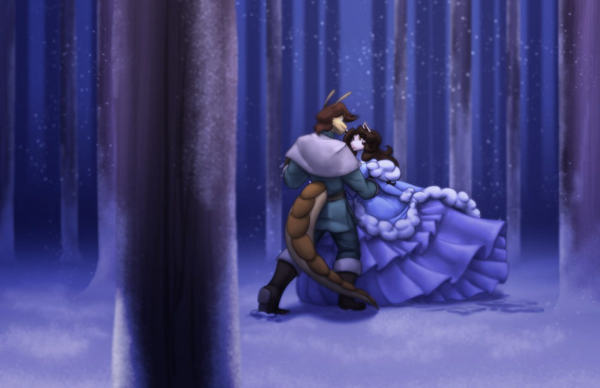 armadillo ballroom_gown belise_elle canid canine canis clothing dancing dress duo female forest gown male mammal snow snowing toughset tree winter wolf xenarthran