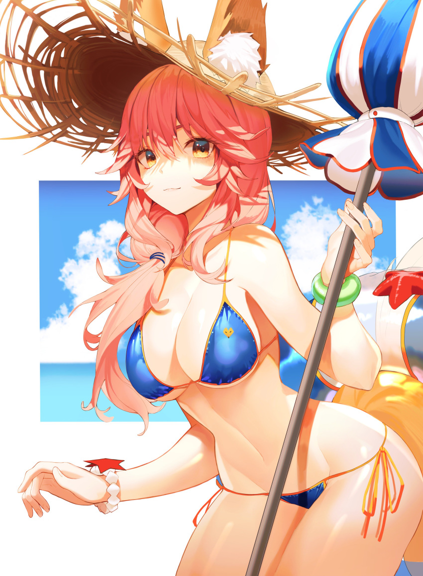 1girl :3 absurdres animal_ear_fluff animal_ears bare_arms bare_shoulders bikini blue_bikini bracelet breasts brown_eyes brown_headwear cleavage cloud collarbone ears_through_headwear fate/grand_order fate_(series) fox_ears fox_girl fox_tail groin hair_over_shoulder hat highres holding holding_umbrella innertube jewelry large_breasts long_hair looking_at_viewer navel pink_hair pro-p side-tie_bikini smile solo stomach straw_hat swimsuit tail tamamo_(fate)_(all) tamamo_no_mae_(swimsuit_lancer)_(fate) thighs umbrella