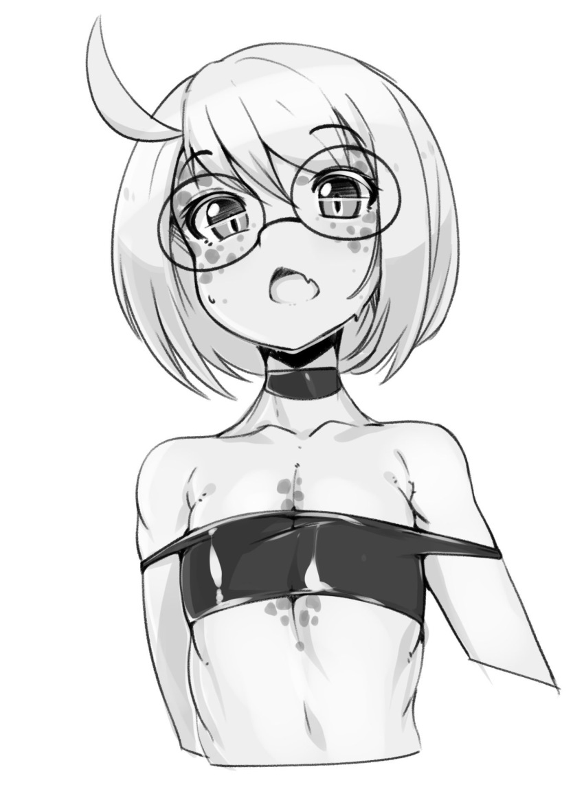 2019 bust_portrait choker clothed clothing cteno eyewear female flat_chested glasses greyscale hair hi_res humanoid jewelry monochrome monster monster_girl_(genre) necklace portrait simple_background skimpy slugbox solo white_background