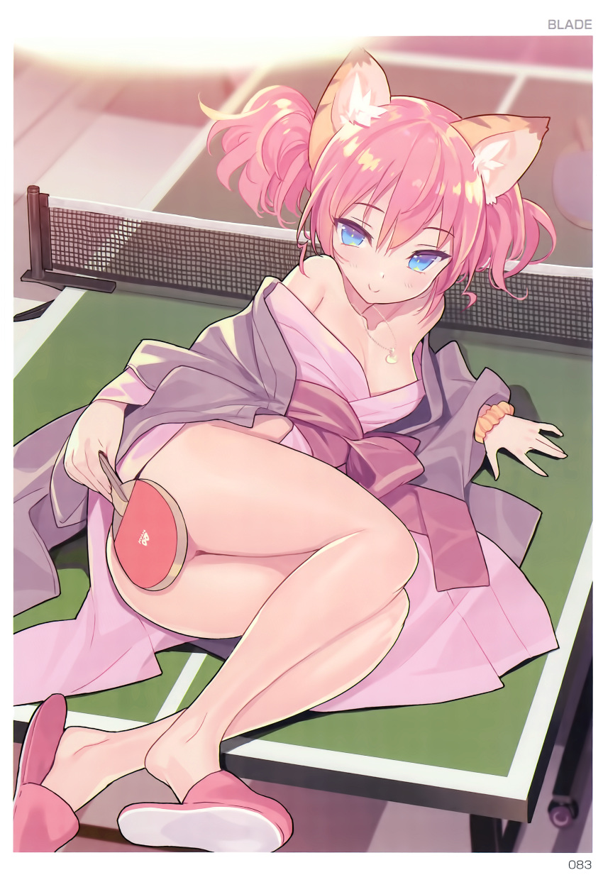 1girl absurdres animal_ears artist_name ass bare_legs blade_(galaxist) blue_eyes blurry breasts covering covering_crotch depth_of_field highres indoors japanese_clothes jewelry kimono looking_at_viewer lying necklace no_panties obi paddle page_number pink_hair sash scan scrunchie short_twintails slippers small_breasts smile solo table_tennis_paddle toranoana twintails wrist_scrunchie yukata