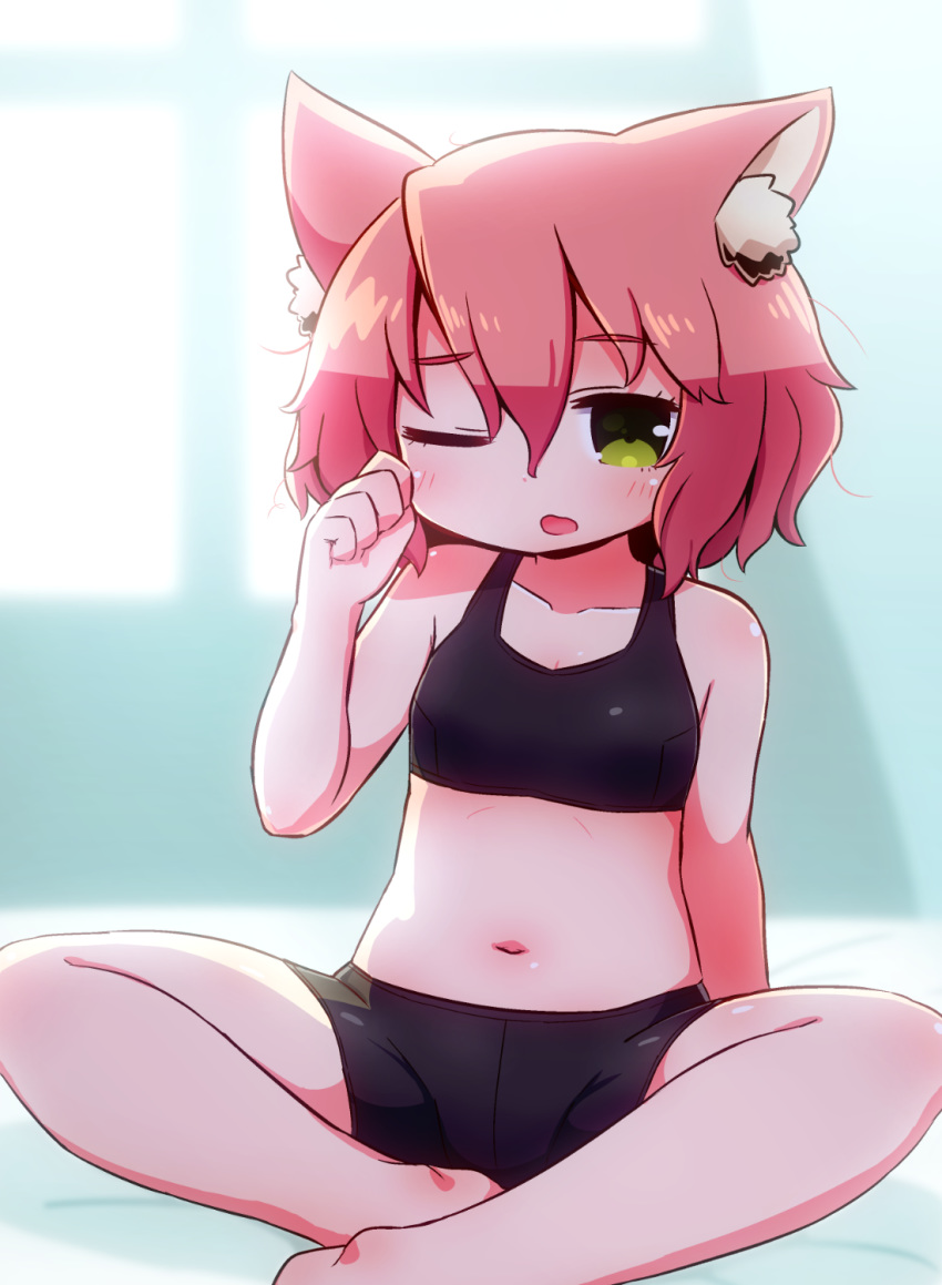 1girl 7th_dragon 7th_dragon_(series) animal_ear_fluff animal_ears bangs bare_arms bare_legs bare_shoulders barefoot bed_sheet bike_shorts black_bra black_shorts blush bra cat_ears collarbone commentary_request eyebrows_visible_through_hair green_eyes hair_between_eyes harukara_(7th_dragon) highres looking_at_viewer messy_hair naga_u navel one_eye_closed parted_lips pink_hair short_shorts shorts sitting solo sports_bra underwear waking_up wavy_mouth