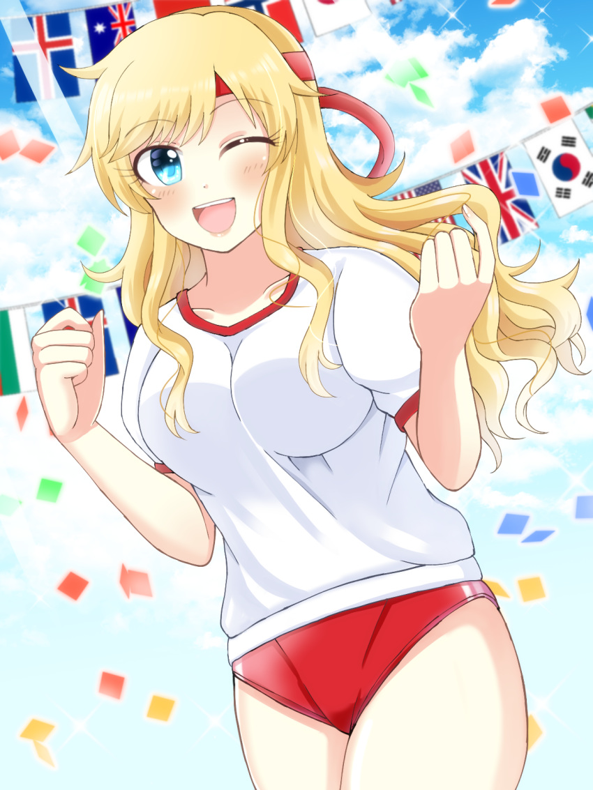 1girl australian_flag blonde_hair blush breasts cloud cloudy_sky commentary_request day easyfunkycrazy english_flag eyebrows_visible_through_hair flag hair_ornament hairband highres idolmaster idolmaster_cinderella_girls idolmaster_cinderella_girls_starlight_stage japanese_flag large_breasts long_hair looking_at_viewer nail_polish ootsuki_yui outdoors red_hairband red_shorts shirt shorts sky solo south_korean_flag sportswear upper_teeth white_shirt
