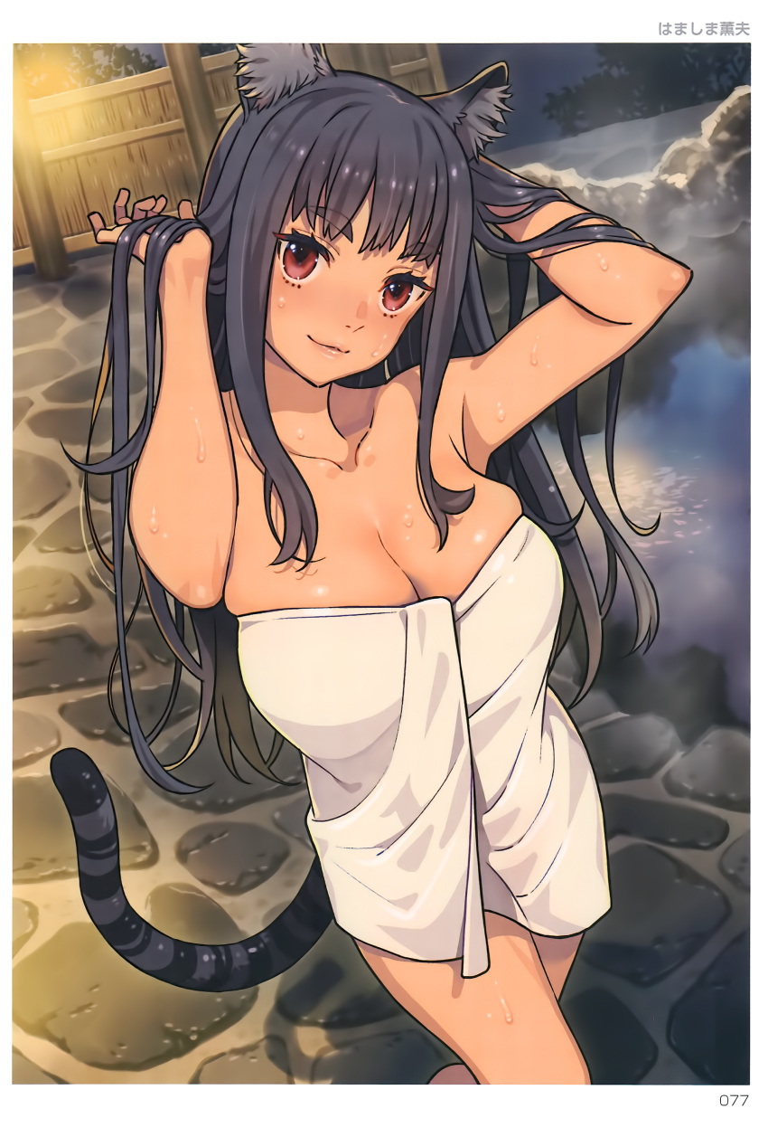 1girl :3 absurdres animal_ears artist_name black_hair breasts cleavage dutch_angle eyebrows_visible_through_hair hair_lift hamashima_shigeo head_tilt highres large_breasts long_hair looking_at_viewer naked_towel outdoors page_number red_eyes scan sidelocks smile solo standing steam tail tiger_ears tiger_tail toranoana towel wet