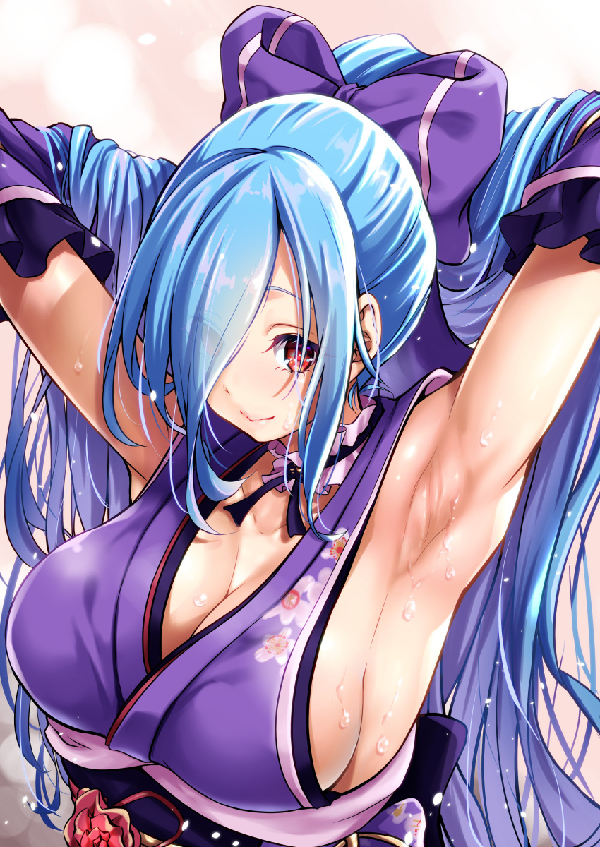 .live 1girl absurdres arms_up bangs blue_hair bow breasts cleavage closed_mouth collarbone commentary_request detached_collar floral_print frills gradient gradient_background hair_bow hair_over_one_eye high_ponytail highres japanese_clothes kimono kimura_neito large_breasts lips long_hair obi ponytail purple_bow red_hair sash shiny shiny_hair sidelocks simple_background sleeveless smile solo sweat sweatdrop upper_body virtual_youtuber yamato_iori