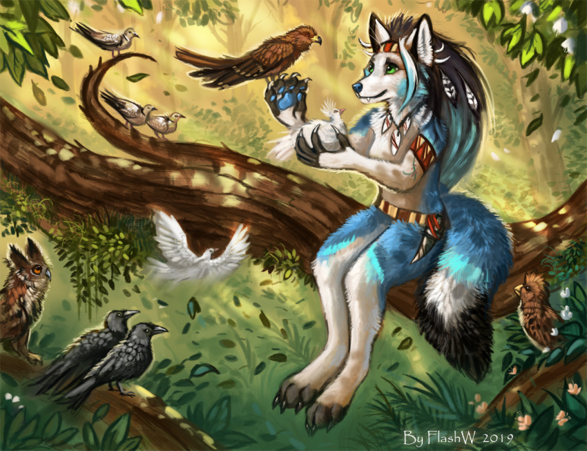 2019 5_fingers accipitrid accipitriform anthro avian beak bird black_beak blue_fur blue_nose breasts canid canine columbid corvid corvus_(genus) crow day detailed_background digital_media_(artwork) digitigrade dove feral flashw fox fur green_eyes group mammal outside owl sitting smile white_fur