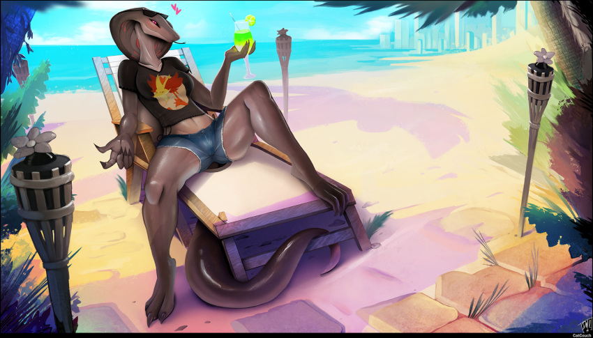 2019 3_toes 5_fingers anthro beach beverage blaziken bottomwear breasts catcouch claws clothed clothing delphox detailed_background fan_character female looking_at_viewer lying navel nintendo non-mammal_breasts pants pok&eacute;mon pok&eacute;mon_(species) reptile scalie seaside shirt smile snake snake_hood solo toes tongue topwear video_games water