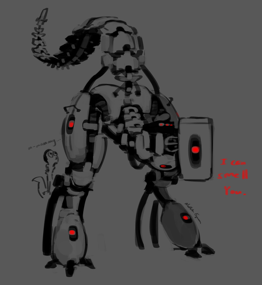 ... absurd_res ambiguous_focus ambiguous_gender biped digital_media_(artwork) duo english_text full-length_portrait glados grey_background hair hi_res humanoid long_tail looking_at_viewer machine monochrome napalm_(character) napalm_express partially_colored portal_(series) portrait robot short_hair signature simple_background solo_focus standing text valve video_games