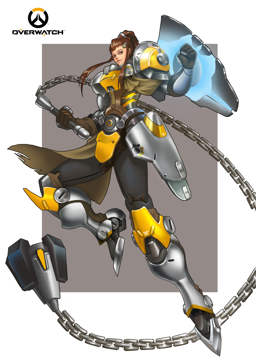 1girl absurdres arm_shield armor armored_boots armored_dress ball_and_chain boots breastplate brown_eyes brown_gloves brown_hair chain clenched_hand floating_hair freckles full_body gauntlets gloves hair_ornament highres holding holding_weapon lips looking_at_viewer moonface overwatch ponytail shield signature simple_background smile solo waist_cape weapon white_background