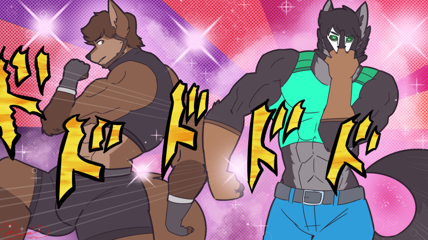 16:9 2019 abs anthro barazoku biceps bulge canid canine canis clothed clothing commander_(commanderthings) commanderthings digital_media_(artwork) duo front_view fur hair hi_res humanoid jojo's_bizarre_adventure looking_at_viewer male mammal muscular muscular_male navel pecs stygian_knight_(commanderthings) text wolf