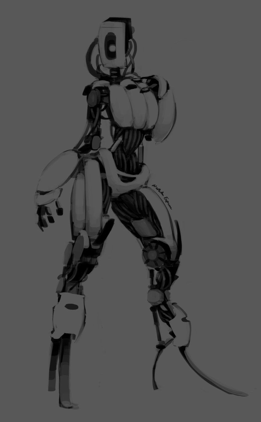 3_fingers absurd_res biped digital_media_(artwork) full-length_portrait glados grey_background hi_res humanoid machine metallic_body monochrome napalm_express portal_(series) portrait robot signature simple_background solo standing valve video_games wire