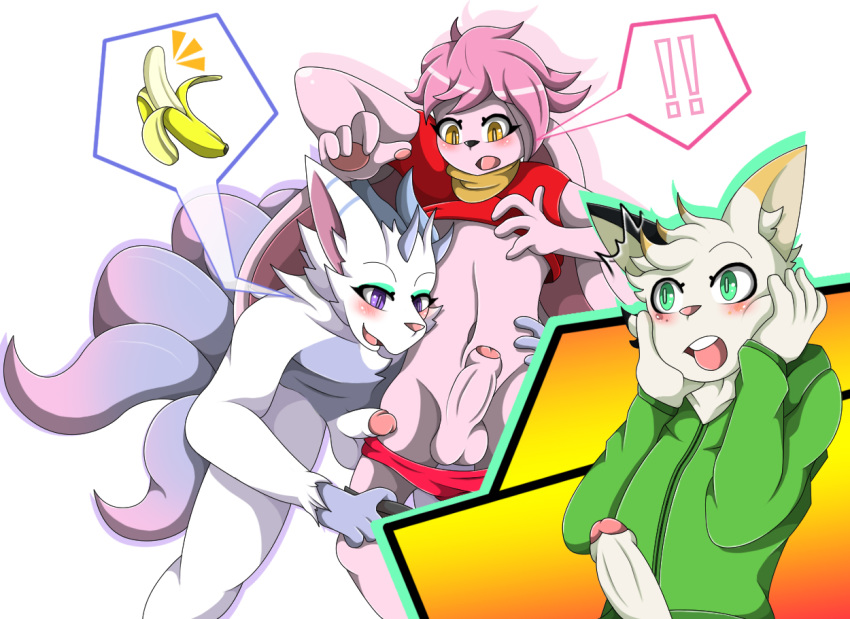 ! 2019 4_fingers anthro anthro_on_anthro atticus_mura balls banana blush brown_eyes cassius_apollo clothing cutaway domestic_cat erection felid feline felis food front_view fruit fur green_eyes group hair hoodie humanoid_penis lagomorph leporid looking_at_penis male male/male mammal mellonsoda milo_angelus navel open_mouth partially_retracted_foreskin pawpads penis pink_body pink_hair plant purple_eyes rabbit retracted_foreskin simple_background speech_bubble surprise uncut undressing white_background white_fur