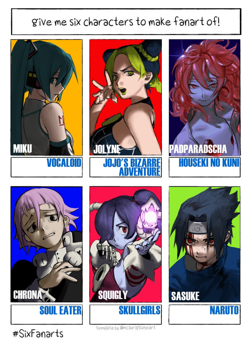 1boy 2others 3girls androgynous aqua_eyes aqua_hair black_sleeves blood blood_on_face blue_skin bone colored_skin cone_hair_bun crona_(soul_eater) crystal_hair cuff_links detached_sleeves double_bun flak_jacket forehead_protector gem green_lips grey_shirt hair_bun hair_over_one_eye hatsune_miku headphones headset highres hole_in_chest hole_on_body houseki_no_kuni jacket jojo_no_kimyou_na_bouken konohagakure_shinobi_uniform konohagakure_symbol kujo_jolyne long_hair looking_at_viewer looking_to_the_side moon_uniform_(houseki_no_kuni) multicolored_hair multiple_drawing_challenge multiple_girls multiple_others naruto_(series) ninja number_tattoo object_through_head open_clothes open_shirt padparadscha_(gemstone) padparadscha_(houseki_no_kuni) portrait red_hair sharingan shirt side_ponytail six_fanarts_challenge skeletal_arm skeletal_hand skull skullgirls sleeve_cuffs soul_eater spider_web_print squigly_(skullgirls) stand_(jojo) striped_sleeves tattoo tinaren15 twintails two-tone_hair uchiha_sasuke very_long_hair vocaloid wavy_hair white_sleeve_cuffs wispy_bangs zombie