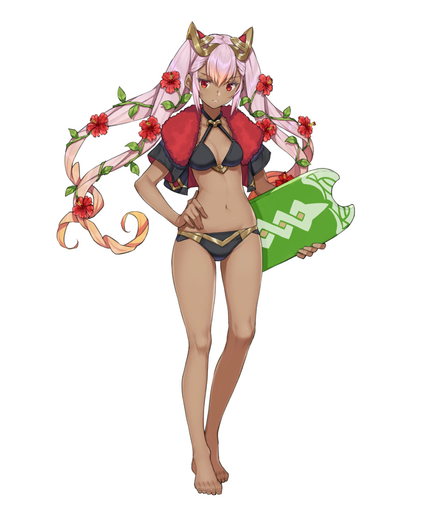 1girl bangs bare_legs barefoot bikini black_bikini black_jacket breasts closed_mouth criss-cross_halter cropped_jacket dark_skin eyebrows_visible_through_hair fire_emblem fire_emblem_heroes flower full_body fur_trim gradient gradient_hair hair_flower hair_ornament halterneck hand_on_hip hibiscus highres holding jacket laevateinn_(fire_emblem_heroes) lips long_hair looking_at_viewer medium_breasts multicolored_hair navel official_art orange_hair pink_hair plant red_eyes saitou_masatsugu serious shiny shiny_hair short_sleeves sidelocks solo standing stomach_bulge swimsuit toes transparent_background twintails v-shaped_eyebrows vines