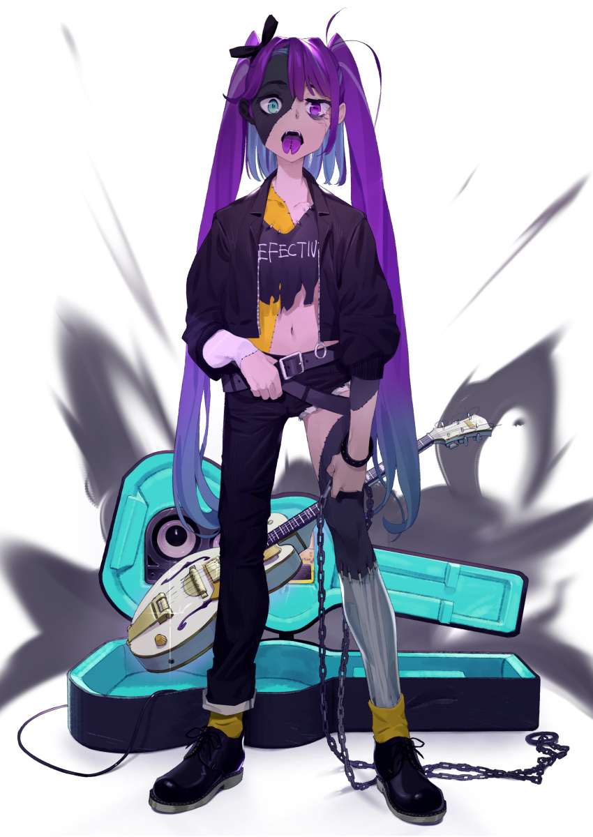 1girl absurdres belt belt_buckle black_footwear black_jacket blue_eyes bow bracelet buckle chain collarbone commentary english_text forked_tongue full_body guitar guitar_case hair_ribbon heterochromia highres holding holding_belt holding_chain instrument instrument_case jacket jewelry kamameshi_gougoumaru long_hair looking_at_viewer multicolored_hair navel open_mouth original pants purple_eyes purple_hair purple_tongue ribbon shirt shoelaces shoes simple_background solo standing stitches teeth tongue tongue_out torn_clothes torn_pants torn_shirt twintails very_long_hair white_background yellow_legwear zombie