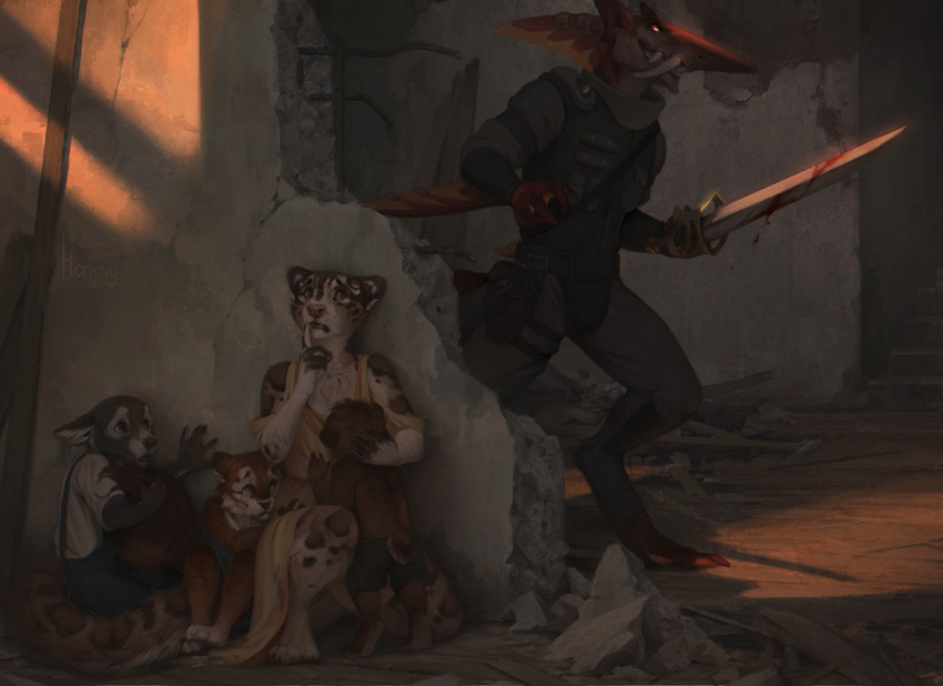2019 5_fingers anthro barefoot brown_fur canid canine canis coyote detailed_background digitigrade felid feline female fur group holding_object holding_weapon honovy male mammal melee_weapon pantherine snow_leopard standing sword weapon young