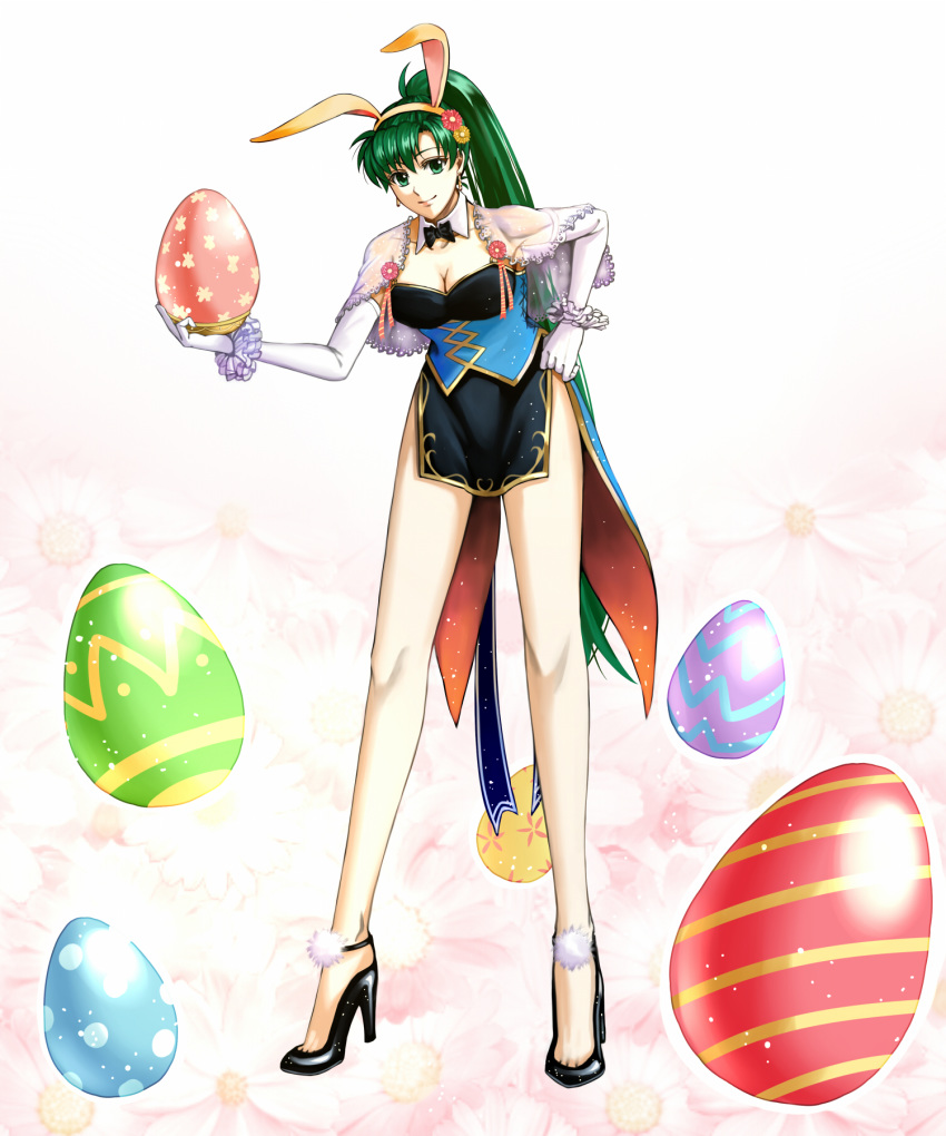 1girl alternate_costume animal_ears black_footwear black_skirt bow bowtie breasts bunny_ears cleavage delsaber earrings easter_egg egg elbow_gloves fire_emblem fire_emblem:_rekka_no_ken fire_emblem_heroes floral_background gloves green_eyes green_hair high_heels highres jewelry long_hair lyndis_(fire_emblem) ponytail skirt smile white_gloves