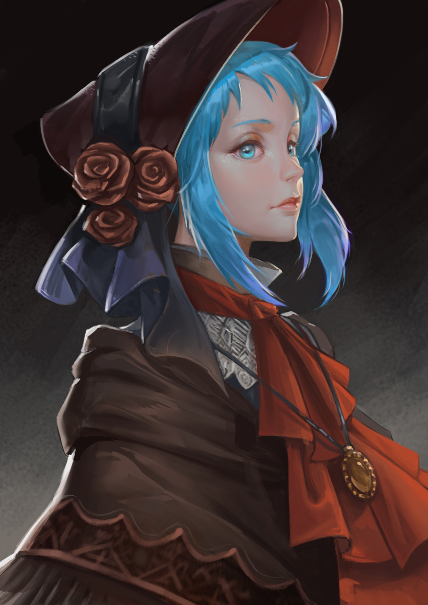 1girl absurdres black_background bloodborne blue_eyes blue_hair bonnet capelet closed_mouth cravat eyeshadow flower from_side highres jewelry lips makeup mascara moonface necklace pendant plain_doll red_flower red_rose rose short_hair sideways_glance solo upper_body