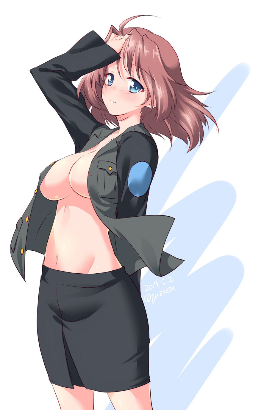 1girl arm_behind_back azumi_(girls_und_panzer) black_jacket black_skirt blue_eyes blush breasts cleavage commentary cowboy_shot eyebrows_visible_through_hair girls_und_panzer hair_intakes hand_on_own_head highres jacket kuzuryuu_kennosuke long_sleeves looking_at_viewer medium_breasts medium_hair military military_uniform miniskirt navel no_bra no_shirt open_clothes open_jacket parted_lips pencil_skirt selection_university_military_uniform simple_background skirt smile solo standing uniform white_background wind