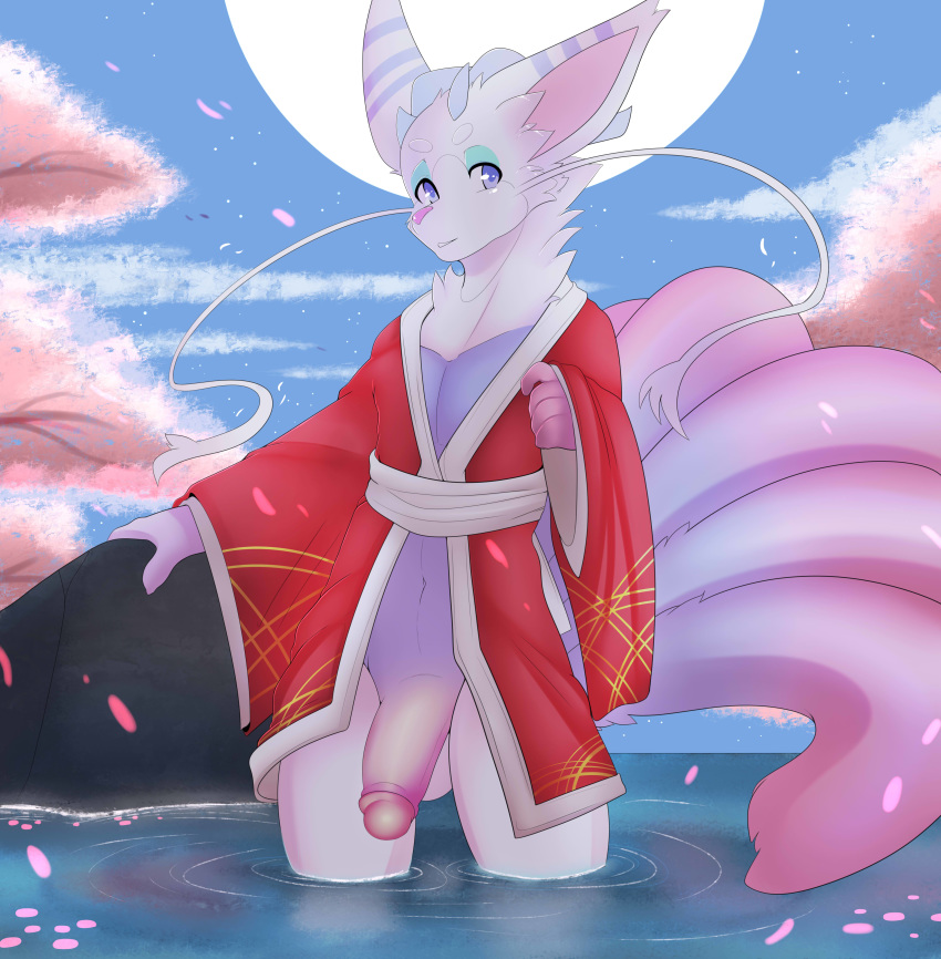2019 absurd_res anthro balls cassius_apollo cherry_blossom clothing front_view fur hi_res humanoid_penis kami-chan looking_at_viewer male moon outside partially_submerged penis plant purple_eyes robe rock smaller_version_at_source solo standing tree white_fur