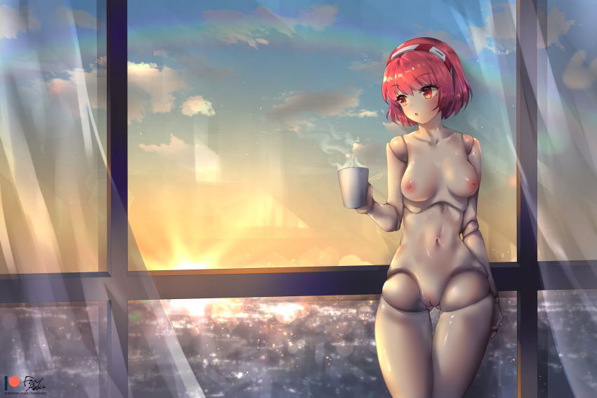 1girl absurdres android blush bob_cut breasts city cityscape cloud coffee coffee_cup cup curtains disposable_cup dorothy_haze drink foxy_rain hair_ornament hairband highres indoors navel nude older panties pink_eyes pink_hair pussy rainbow ribbon robot robot_joints short_hair sky solo steam sun sunlight sunrise underwear va-11_hall-a window