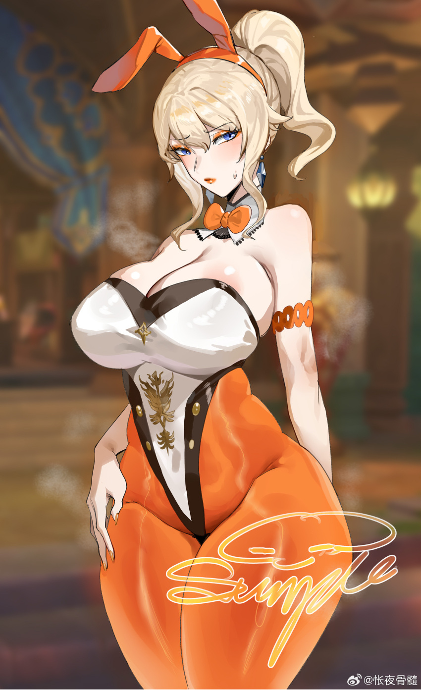 1girl absurdres alternate_costume animal_ears bare_shoulders black_leotard blonde_hair blue_eyes blush bow bowtie breasts cleavage closed_mouth commentary_request eyeshadow fake_animal_ears genshin_impact half-closed_eyes hand_on_own_hip high_ponytail highres huge_breasts jean_(genshin_impact) kuook leotard looking_at_viewer makeup orange_eyeshadow orange_lips orange_pantyhose pantyhose playboy_bunny ponytail sample_watermark solo standing steam sweat thick_thighs thighs watermark weibo_username weibo_watermark wide_hips