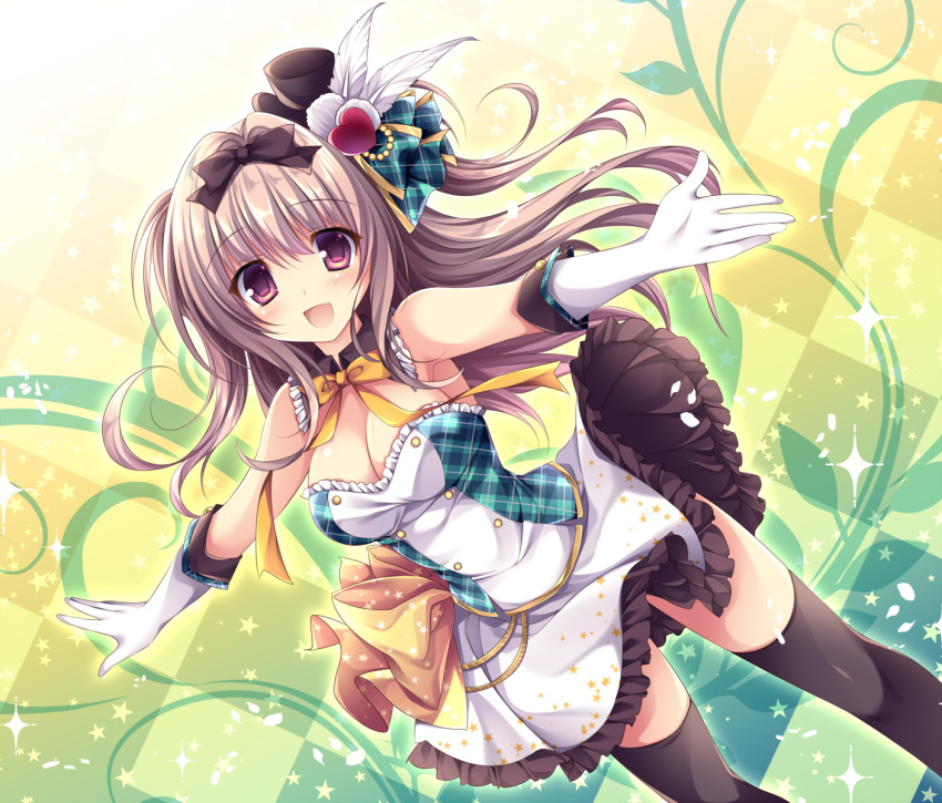 1girl :d armpits bare_shoulders black_bow black_legwear blush bow bowtie breasts brown_hair cleavage commentary_request detached_collar dutch_angle feathers floating_hair frilled_skirt frills gloves hair_bow hat heart highres idol long_hair looking_at_viewer medium_breasts mini_hat miniskirt nanaroba_hana open_mouth orange_neckwear original outstretched_arms pink_eyes shirt skirt smile solo strapless thighhighs two_side_up white_gloves white_shirt white_skirt
