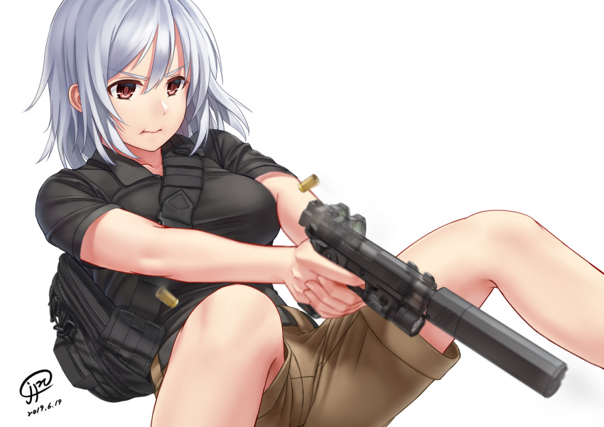 1girl :t afterimage backpack bag brown_hair eyebrows_visible_through_hair finger_on_trigger firing flashlight gun handgun jpc m1911 medium_hair motion_blur original pistol shirt shorts silver_hair solo suppressor t-shirt weapon white_background