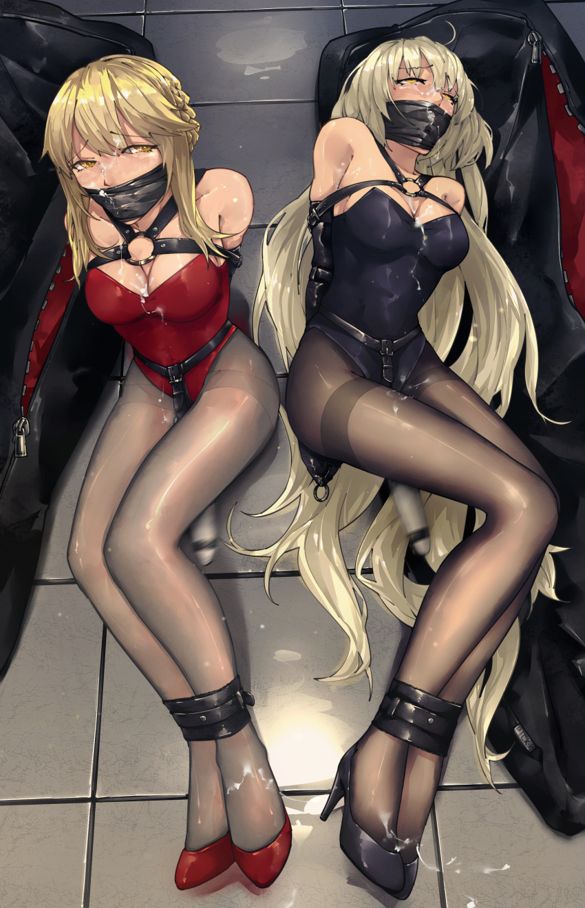 2girls absurdres arms_behind_back artoria_pendragon_(all) artoria_pendragon_(lancer_alter) bag bdsm black_legwear black_leotard blonde_hair bondage bound bound_ankles breasts cum cum_on_body cum_on_breasts cum_on_clothes cum_on_upper_body eyebrows_visible_through_hair facial fate/grand_order fate_(series) forced_orgasm gag gagged harness highres hitachi_magic_wand jeanne_d'arc_(alter)_(fate) jeanne_d'arc_(fate)_(all) leotard long_hair looking_at_viewer lying monoglove motion_blur multiple_girls on_back pantyhose pick'k red_leotard rolling_eyes short_hair sitting strapless strapless_leotard tied_up yellow_eyes