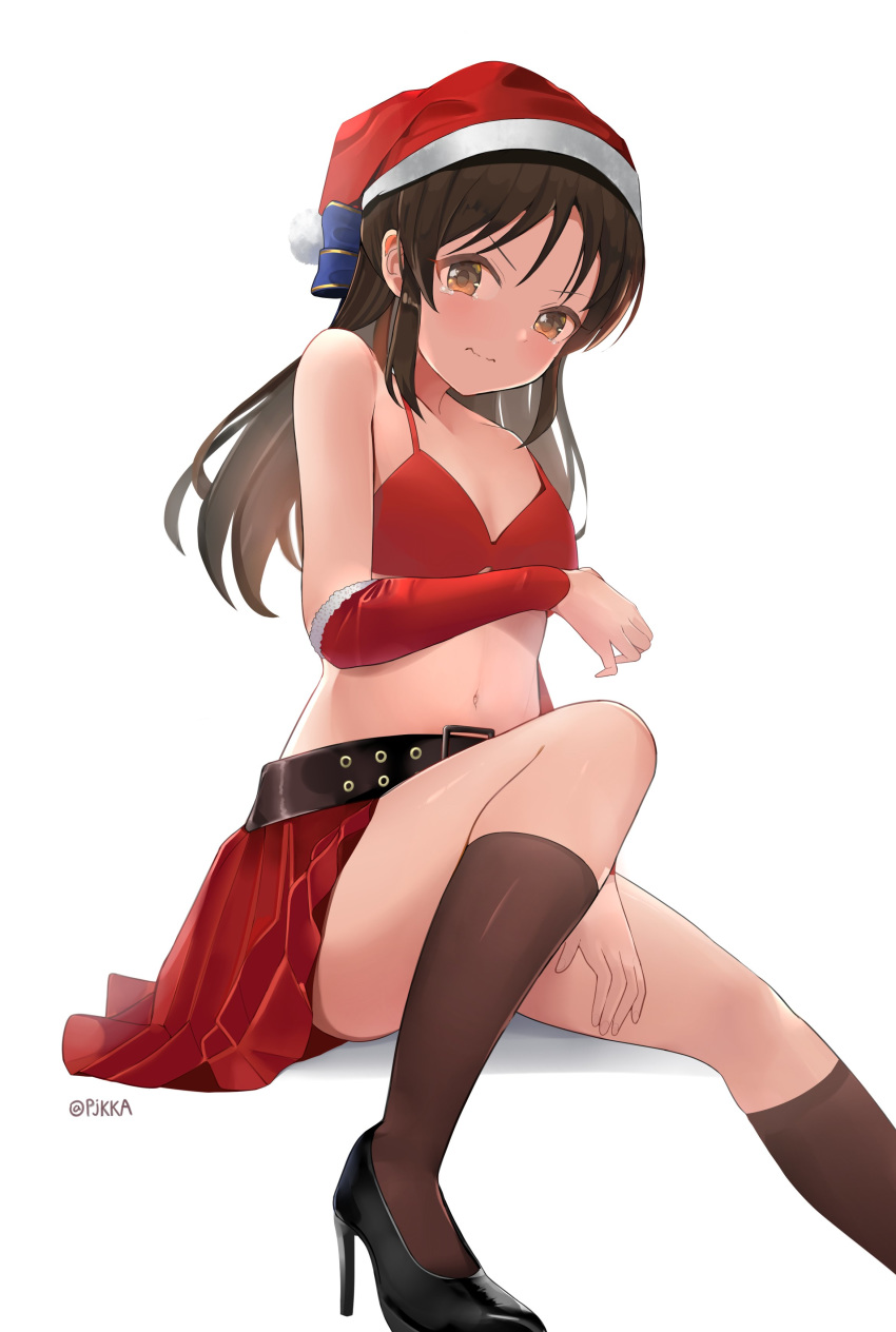 1girl absurdres belt belt_buckle black_belt black_footwear black_legwear blue_bow blush bow bra breasts brown_eyes brown_hair buckle cleavage closed_mouth collarbone detached_sleeves embarrassed hair_bow hat high_heels highres idolmaster idolmaster_cinderella_girls idolmaster_cinderella_girls_starlight_stage kneehighs long_hair looking_at_viewer miniskirt navel pjkka pleated_skirt pumps red_bra red_headwear red_skirt red_sleeves santa_hat simple_background sitting skirt small_breasts solo tachibana_arisu tears twitter_username underwear white_background