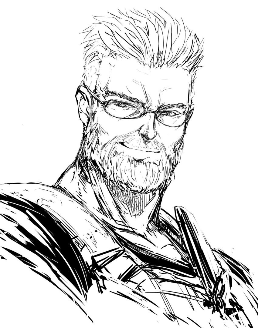 1boy beard closed_mouth commentary facial_hair fate/grand_order fate_(series) glasses greyscale highres imizu_(nitro_unknown) looking_at_viewer male_focus monochrome simple_background sketch smile solo white_background william_tell_(fate/grand_order)