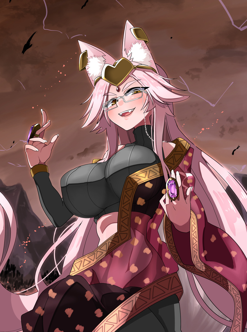 1girl absurdres akitokage01 animal_ear_fluff animal_ears breasts commentary commentary_request dress earrings eyebrows_visible_through_hair fate/grand_order fate_(series) fox_ears fox_tail glasses hair_ornament highres indian_clothes indian_style jewelry koyanskaya large_breasts long_hair looking_at_viewer looking_down midriff necklace open_mouth pink_hair sitting smile solo tail yellow_eyes