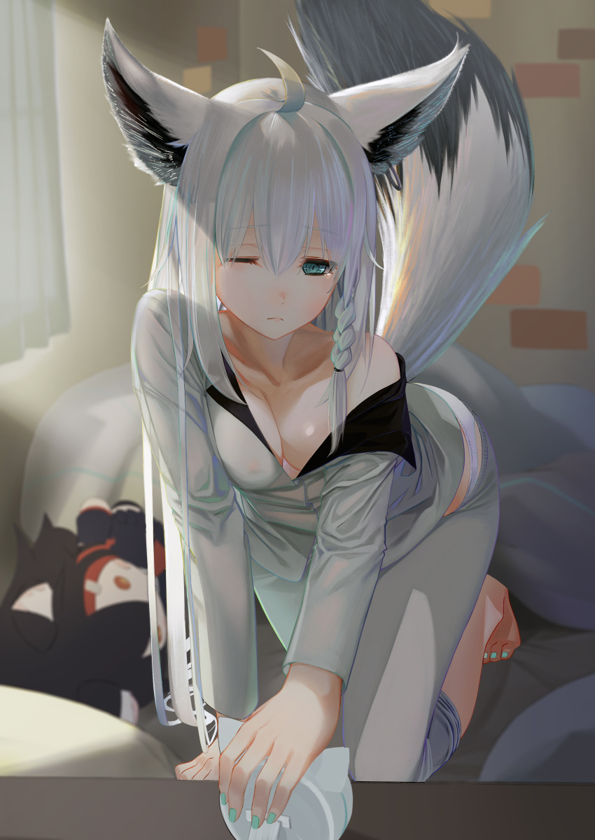 1girl absurdres ahoge alarm_clock all_fours animal_ears bed bed_sheet blanket braid breasts clock collarbone commentary_request curtains eyebrows_visible_through_hair fingernails fox_ears fox_tail frown green_eyes hair_between_eyes highres hololive light_rays long_hair mer one_eye_closed pajamas panties shirakami_fubuki silver_hair solo stuffed_toy sunbeam sunlight tail toenails two-tone_fur underwear virtual_youtuber white_hair white_panties