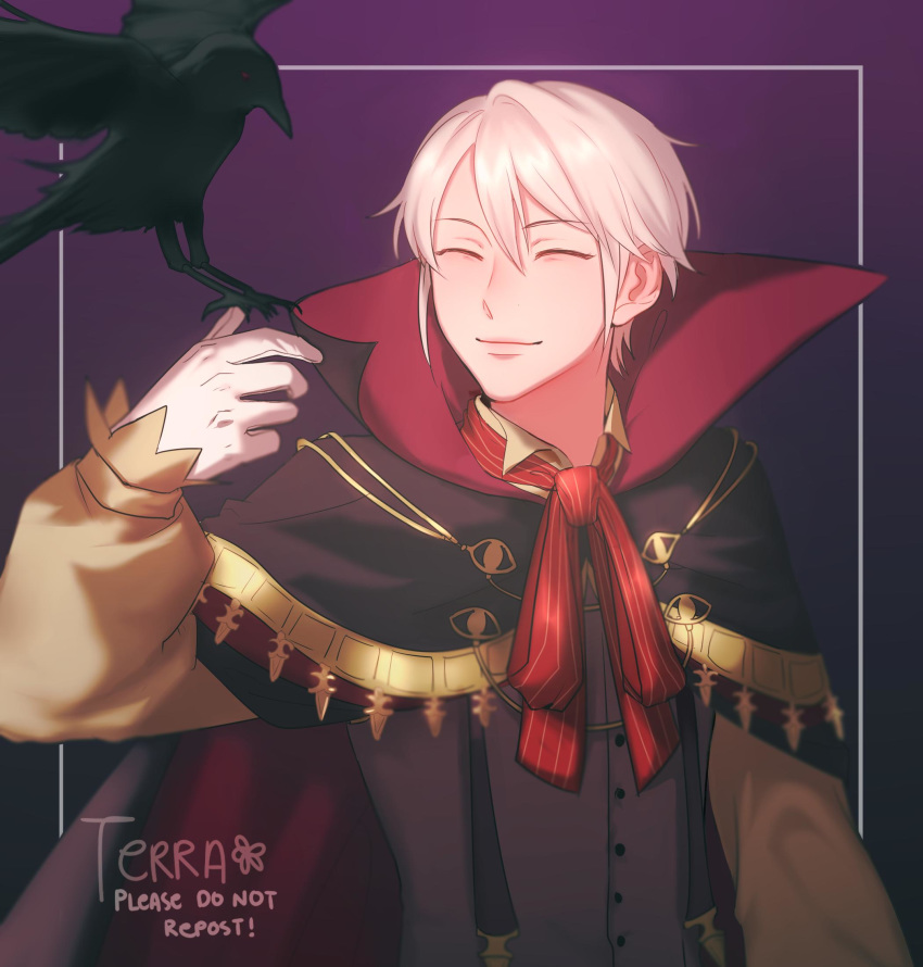 1boy animal bird bird_on_finger cloak closed_eyes crow fire_emblem fire_emblem:_kakusei henry_(fire_emblem) high_collar highres short_hair tecchi_kun white_hair