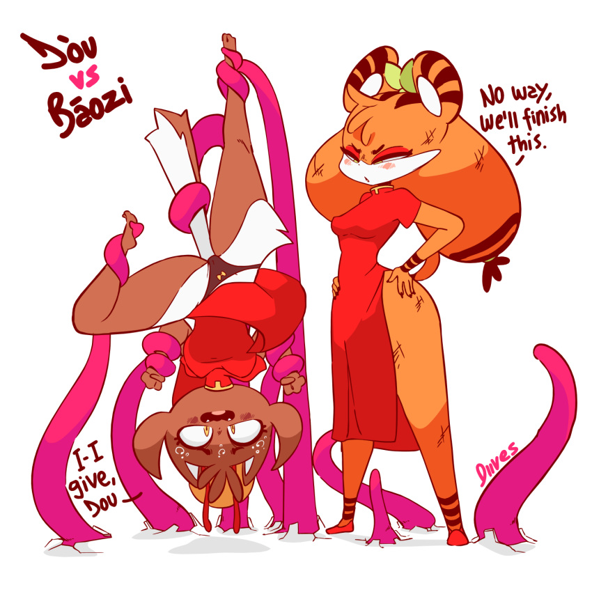 1:1 4_fingers anthro baozi_(diives) barefoot biped black_ears black_eyebrows black_stripes breasts brown_ears brown_fur brown_tail canid canine canis chinese_clothing chinese_dress clothing dialogue digital_media_(artwork) diives domestic_dog dou_(diives) dress duo english_text eyebrows eyelashes felid female footwear fur hair hi_res holding_character long_hair mammal multicolored_ears multicolored_fur nipple_outline orange_ears orange_fur orange_hair orange_tail pantherine panties shoes signature simple_background squint standing striped_ears striped_hair stripes suspended_in_midair tentacles text tiger two_tone_ears two_tone_fur two_tone_tail underwear upside_down white_background white_fur white_tail yellow_eyes