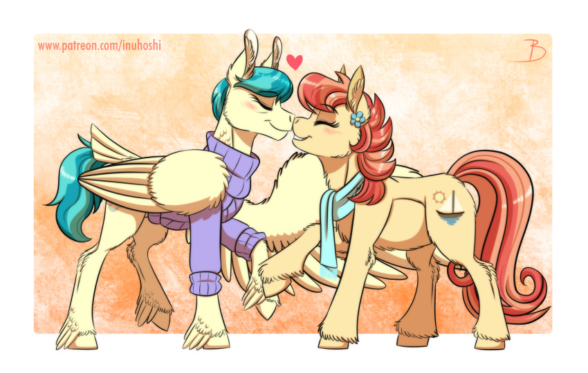 &lt;3 2019 aunt_holiday_(mlp) auntie_lofty_(mlp) blush clothing couple_(disambiguation) duo equid equine eskimo_kiss female flower friendship_is_magic hi_res horse inuhoshi-to-darkpen mammal my_little_pony nose_kiss plant pony pterippus romantic_couple scarf sweater topwear wings