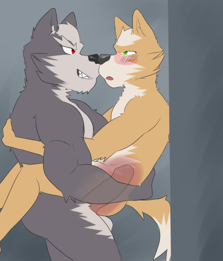 against_wall anal anal_penetration anthro blush canid canine canis fox fox_mccloud hi_res inu.oni male male/male mammal nintendo penetration sex stand_and_carry_position standing standing_sex star_fox video_games wolf wolf_o'donnell