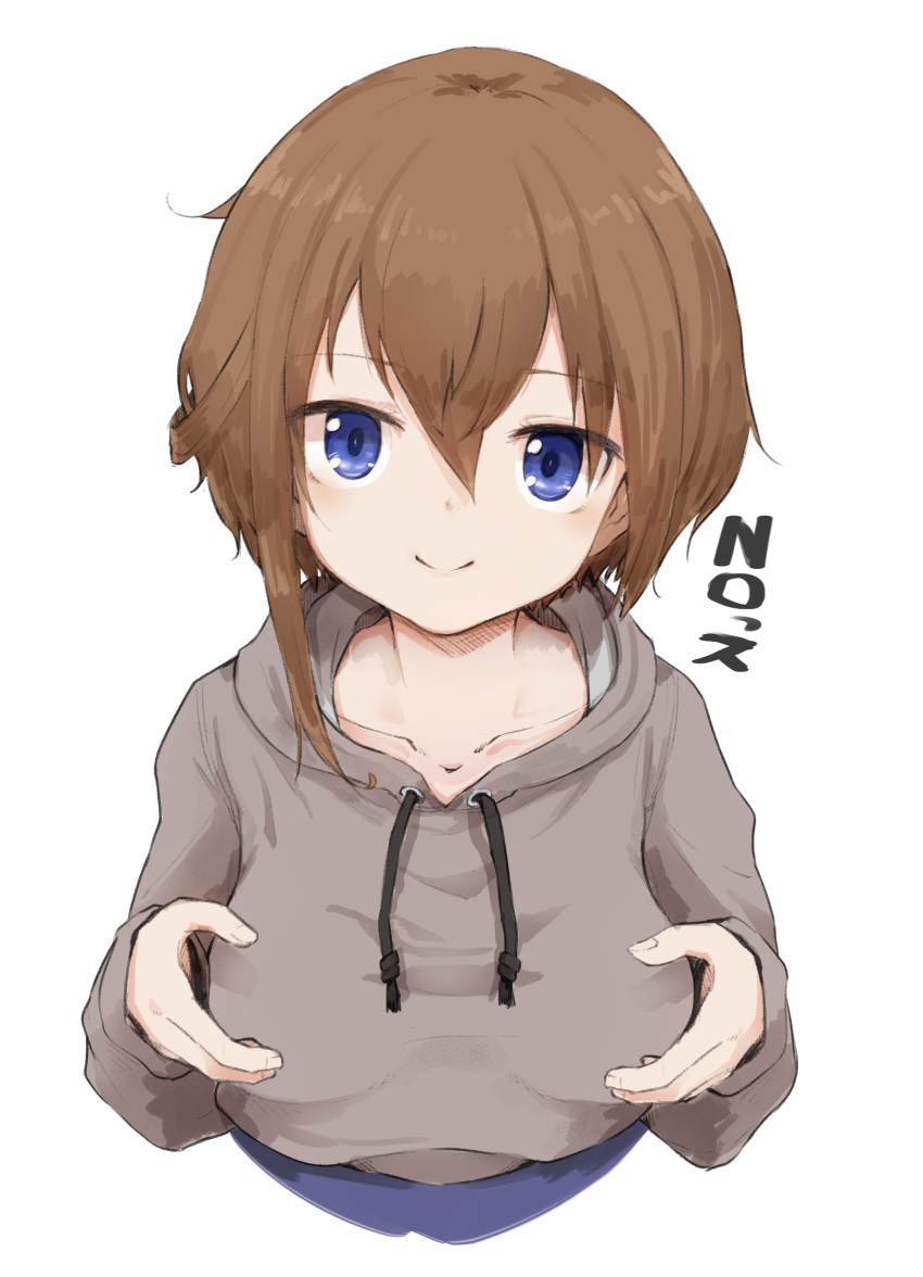 1girl absurdres alice_gear_aegis bangs blue_eyes blush breasts brown_hair brown_hoodie closed_mouth commentary_request cropped_torso drawstring eyebrows_visible_through_hair fingernails hair_between_eyes hands_up highres hood hood_down hoodie kanagata_sugumi long_sleeves momo_(higanbana_and_girl) sidelocks simple_background sleeves_past_wrists small_breasts smile solo translation_request white_background