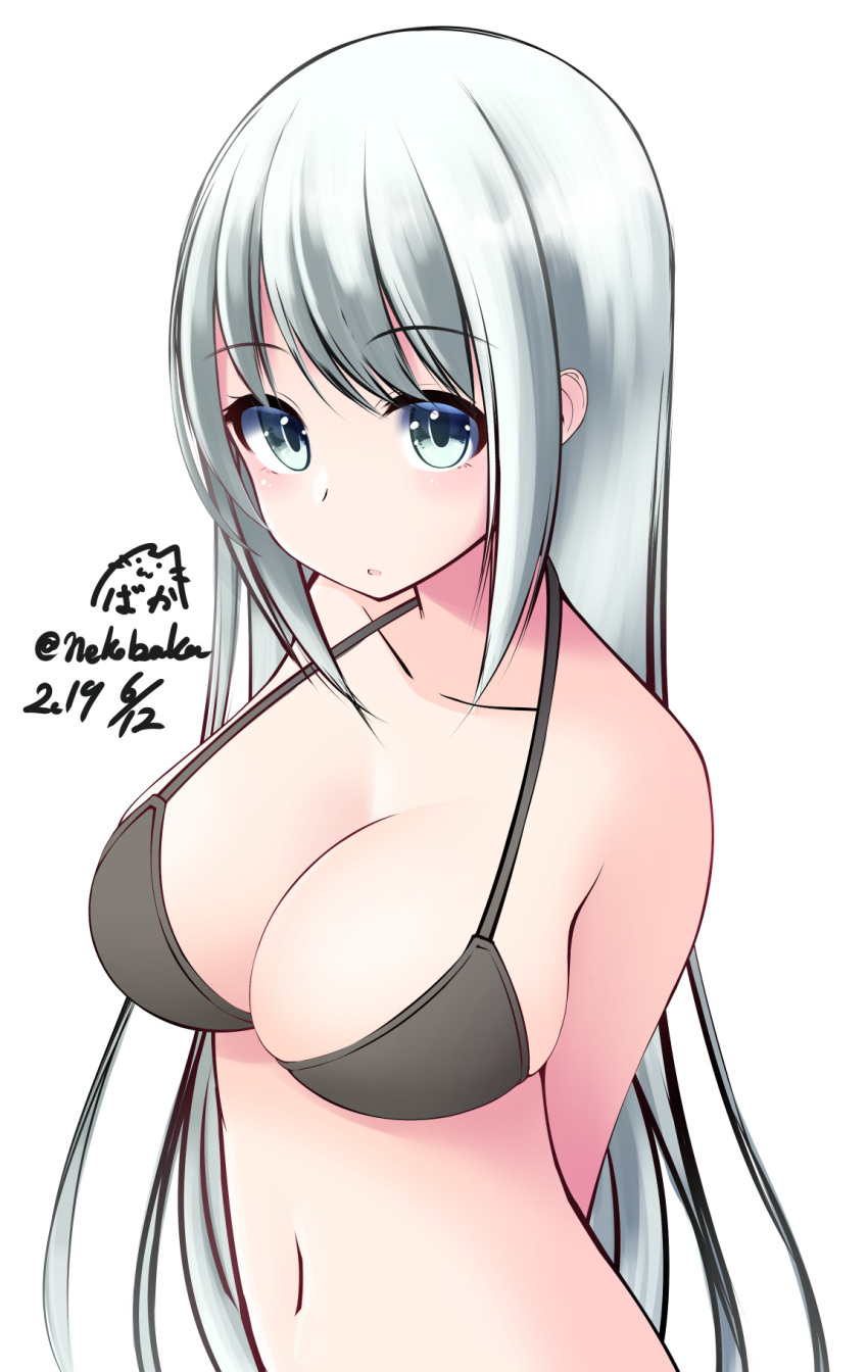 1girl arms_behind_back bangs bare_shoulders blue_eyes breasts cleavage collarbone commentary_request dated eyebrows_visible_through_hair highres large_breasts long_hair looking_at_viewer navel nekobaka original parted_lips sidelocks signature silver_hair simple_background solo twitter_username upper_body very_long_hair white_background