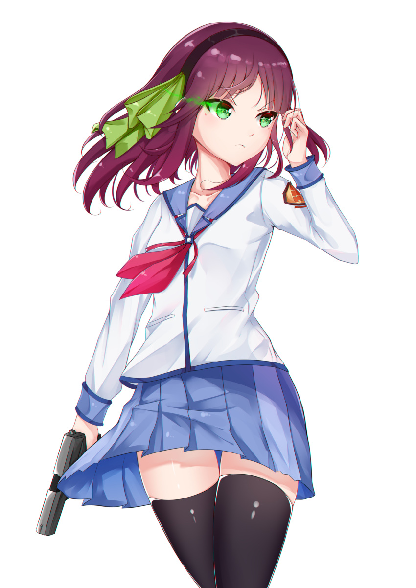1girl absurdres angel_beats! blue_skirt bow commentary_request eyebrows_visible_through_hair green_bow green_eyes gun hairband highres holding holding_gun holding_weapon long_hair long_sleeves looking_to_the_side purple_hair school_uniform serafuku shirt simple_background skirt solo thighhighs tming uniform v-shaped_eyebrows weapon white_background white_shirt yuri_(angel_beats!)