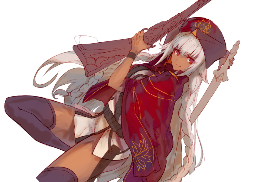 1girl arm_up bangs belt belt_buckle braid brown_belt brown_eyes brown_legwear buckle closed_mouth dark_skin dress dutch_angle eyebrows_visible_through_hair fate/grand_order fate_(series) gun hair_between_eyes hand_up hat highres holding holding_gun holding_sword holding_weapon jazztaki lakshmibai_(fate/grand_order) long_hair looking_at_viewer red_headwear saber_(weapon) sheath silver_hair simple_background smile solo standing standing_on_one_leg sword thighhighs twin_braids unsheathed very_long_hair weapon white_background white_dress